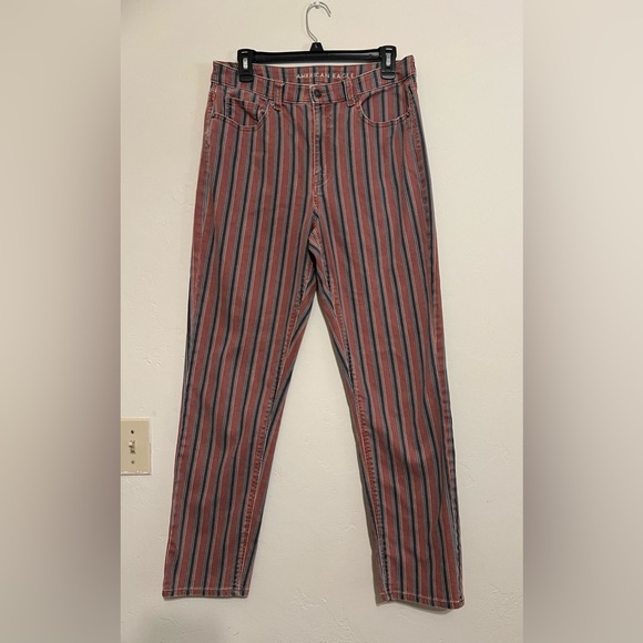 High waisted red, black, cream and blue/green striped American eagle jeans. - Picture 1 of 2